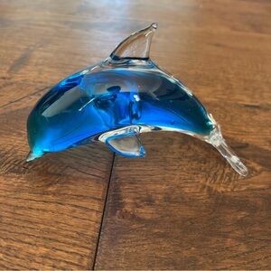 Hand Made Cobalt Art Glass Clear Blue Dolphin Figurine Decor Sculpture